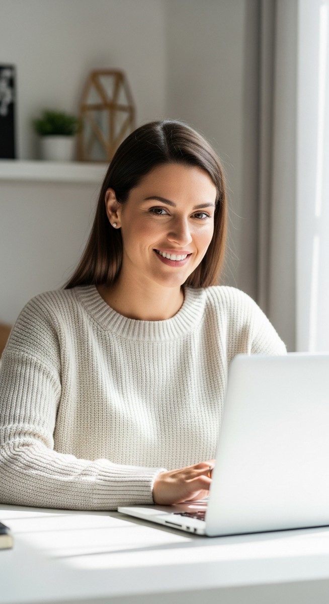 a woman working confidently on her laptop at a bright home desk for earning with surveys