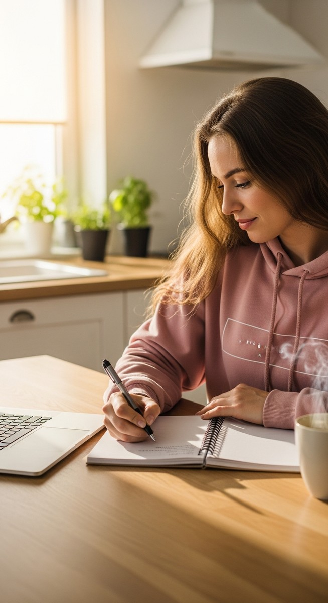 a young woman taking notes next to her laptop at a kitchen table for earning with surveys