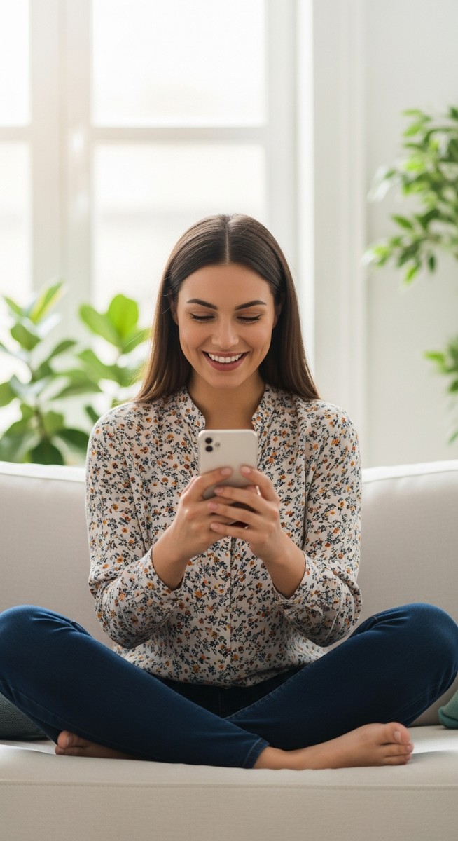 a woman smiling at her phone in a bright living room for earning with surveys