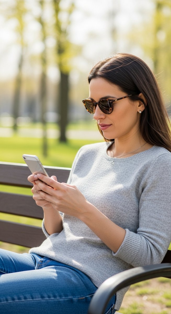 woman using her smartphone outdoors on a bench