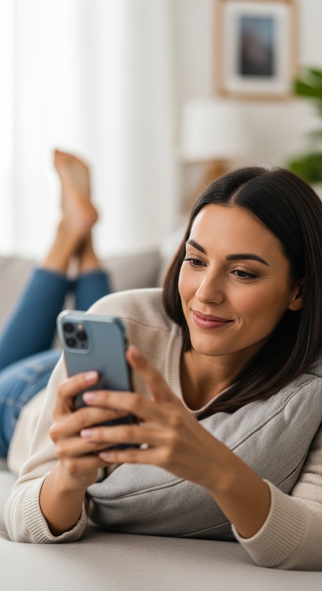 woman looking satisfied at her phone on a sofa