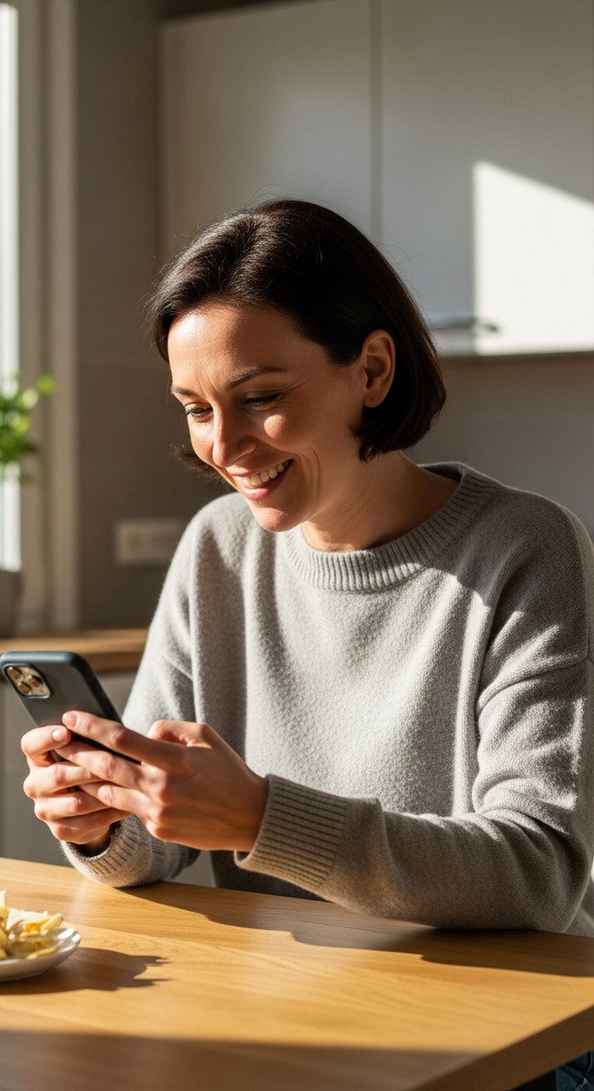 a woman smiling at her phone at a kitchen table to work from phone