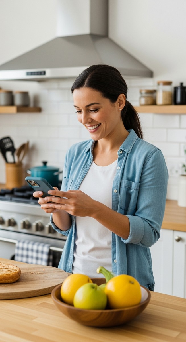 woman checking her phone in a bright kitchen
