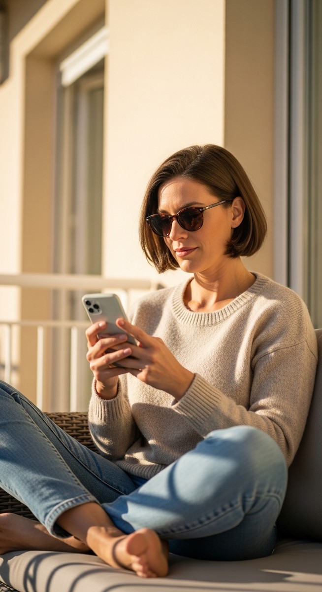 a woman using her smartphone outside on a sunny patio to work from phone