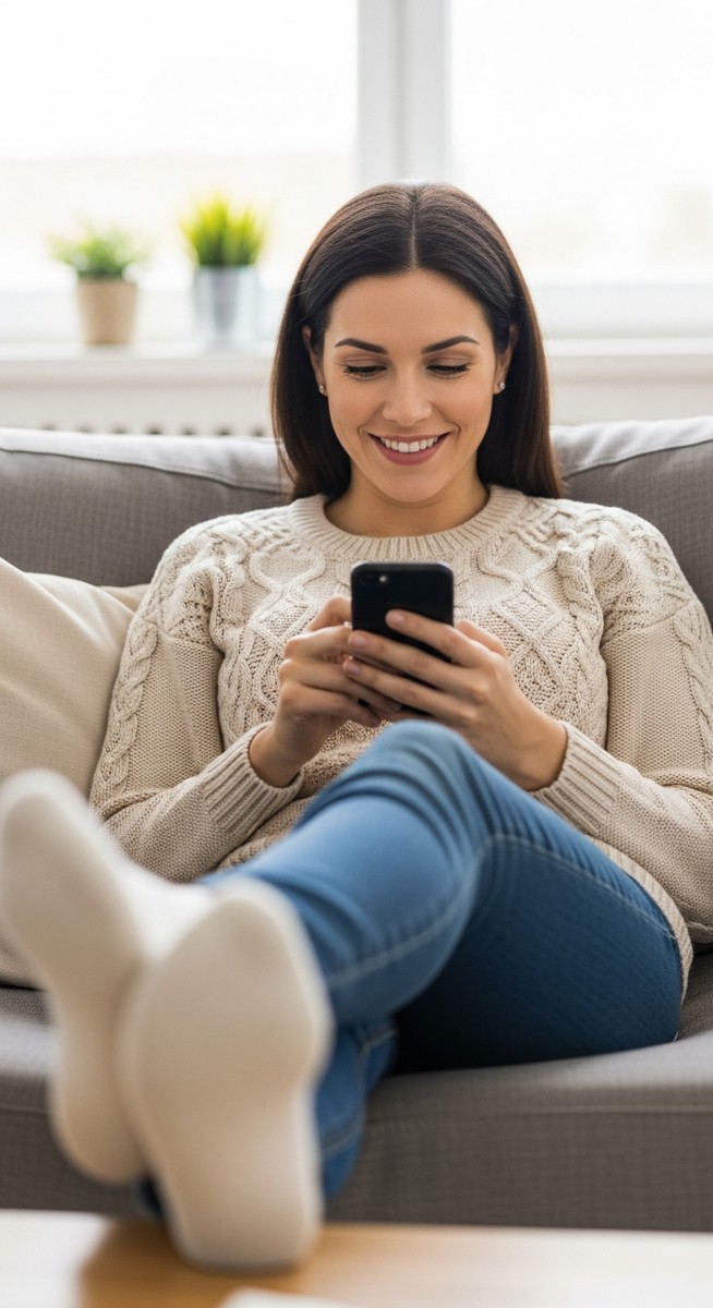 a woman relaxing on a sofa scrolling on her phone to work from phone