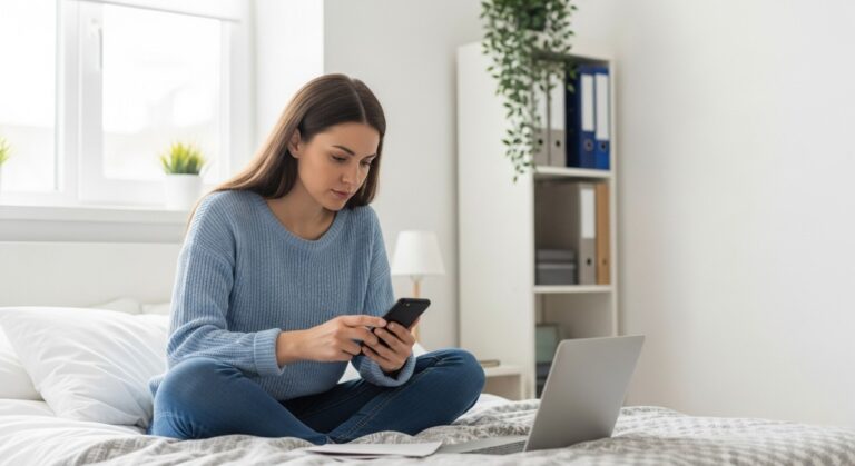 a woman working on her phone on her bed to work from phone