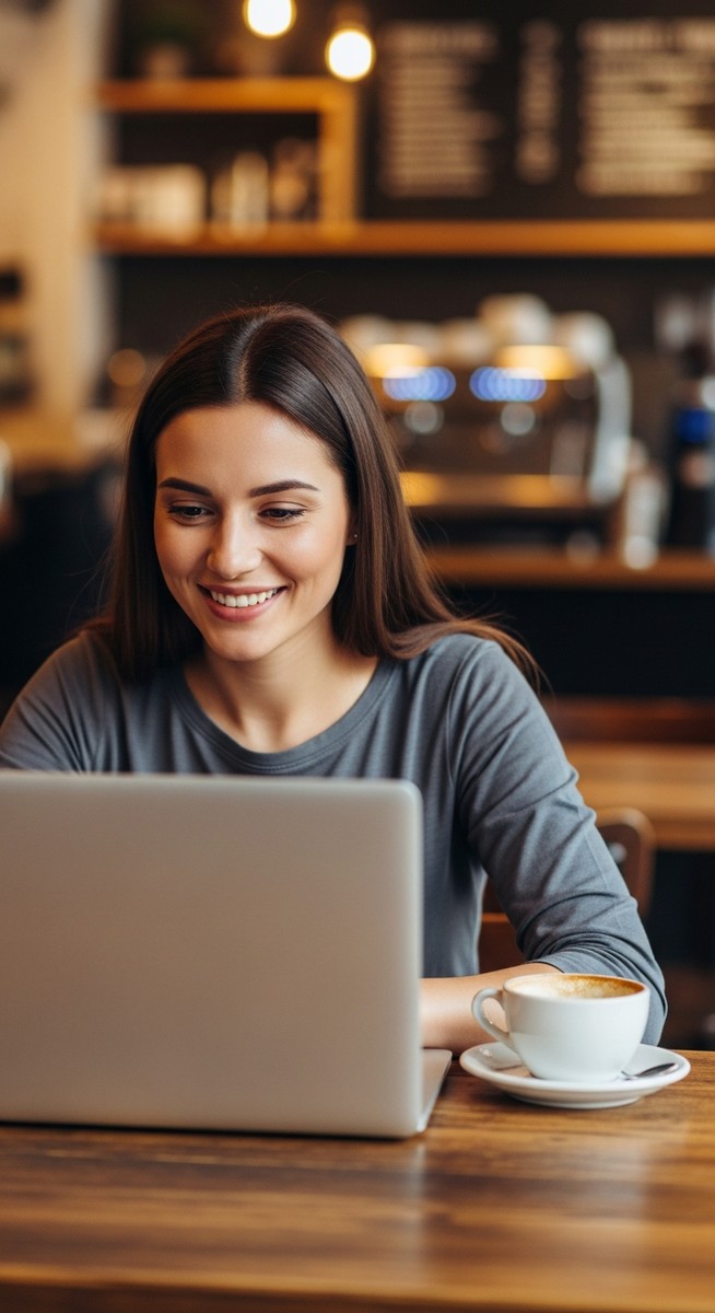 woman working happily on her laptop