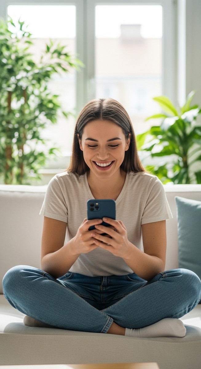 woman smiling at her phone in a bright living room
