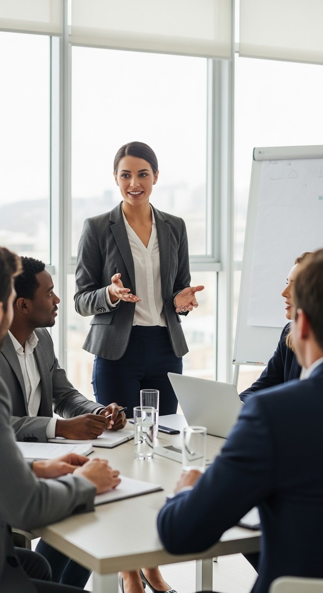 a woman presenting to colleagues in a bright meeting room to make serious money