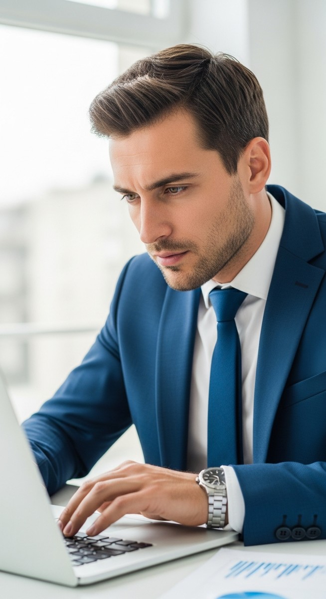 a male financial professional in a suit analysing data on a laptop to make serious money