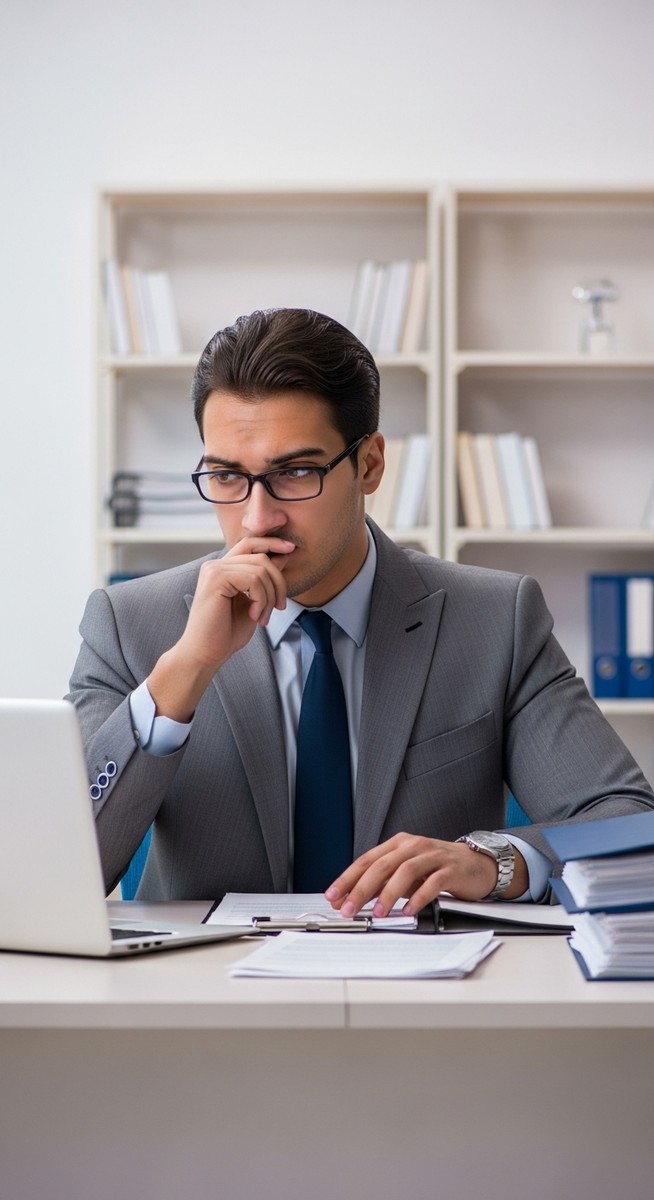 male lawyer in a suit at his desk in a law office