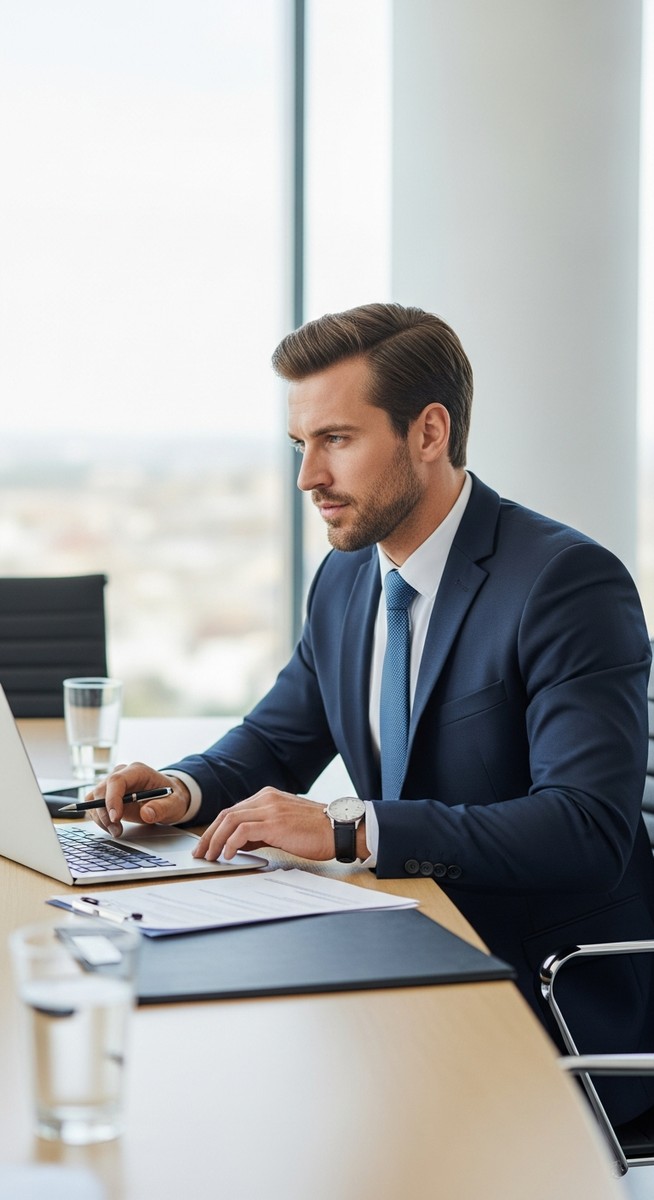 man in a suit at a conference table in a corporate office