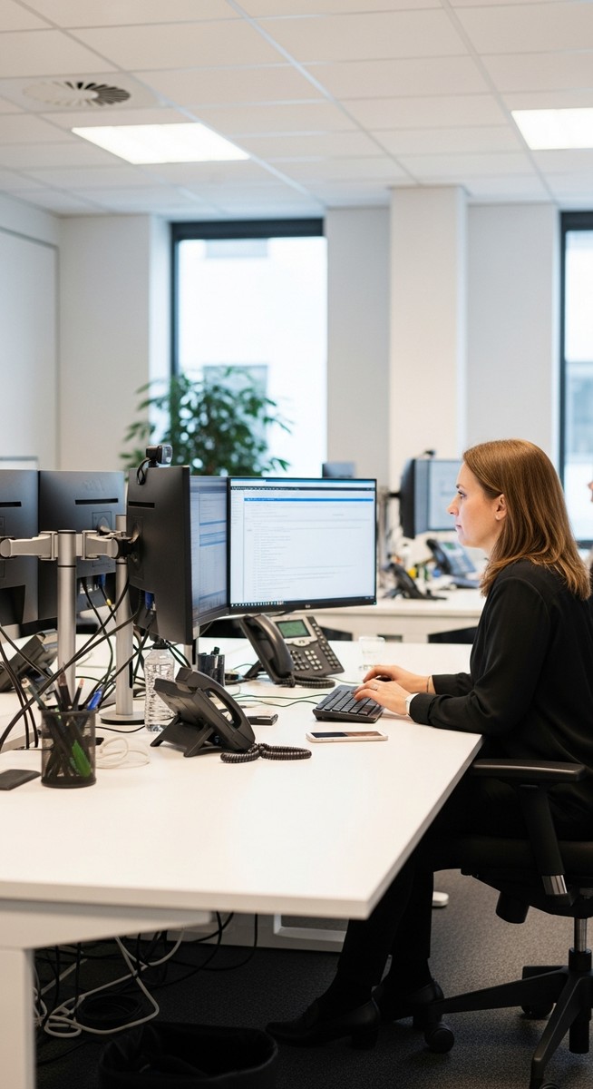 woman working at a multi-monitor setup in a corporate office