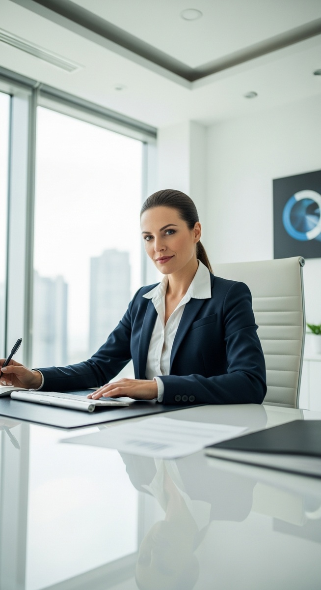 woman in a business suit at a desk in a modern office