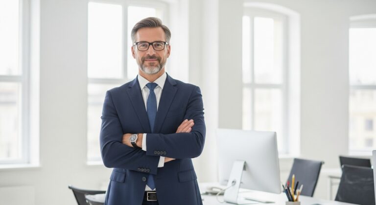 a man in a business suit standing confidently in a modern office to make serious money