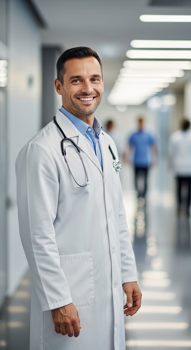 a male doctor in a white coat smiling in a hospital corridor to make serious money