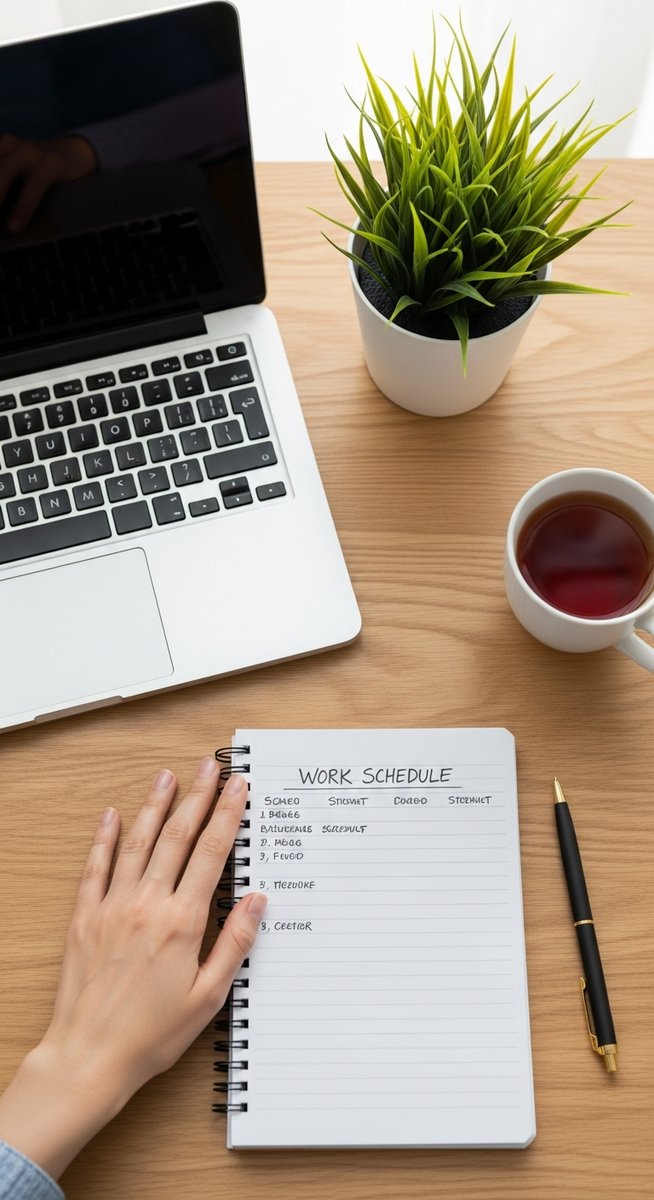 a flatlay of a laptop, a work schedule notepad, a pen, a cup of tea and a small plant on a wooden desk to work from home