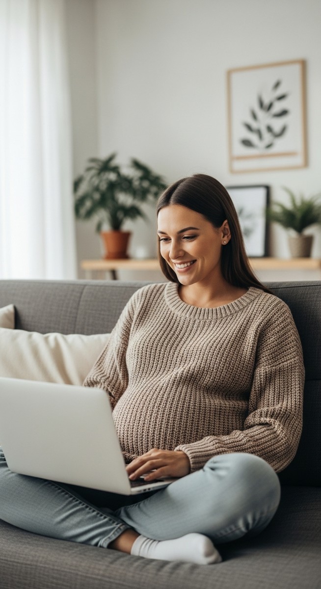 pregnant woman smiling while working on a laptop on a sofa