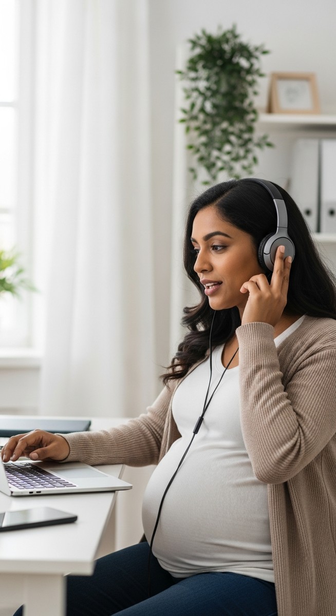 a pregnant woman on a video call with headphones at a home desk to work from home