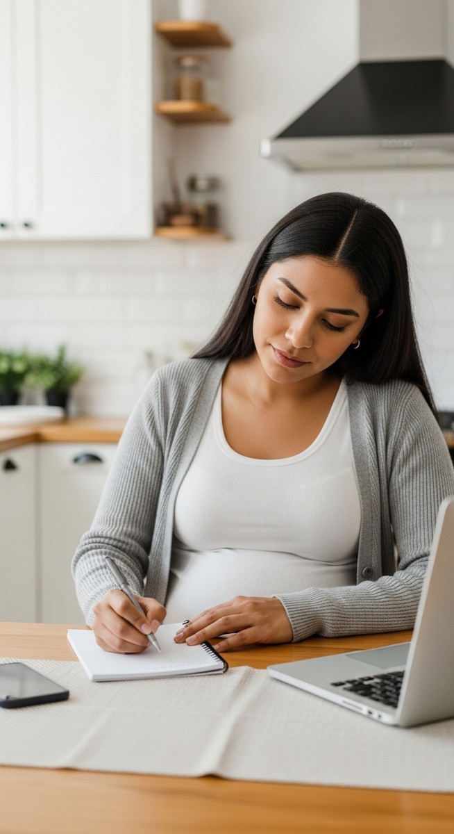a pregnant woman taking notes beside a laptop at a kitchen table to work from home