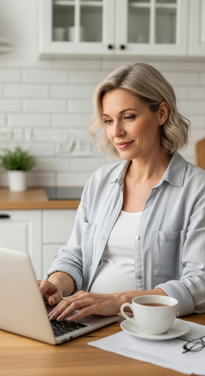 a pregnant woman working on a laptop with a cup of tea at a kitchen table to work from home