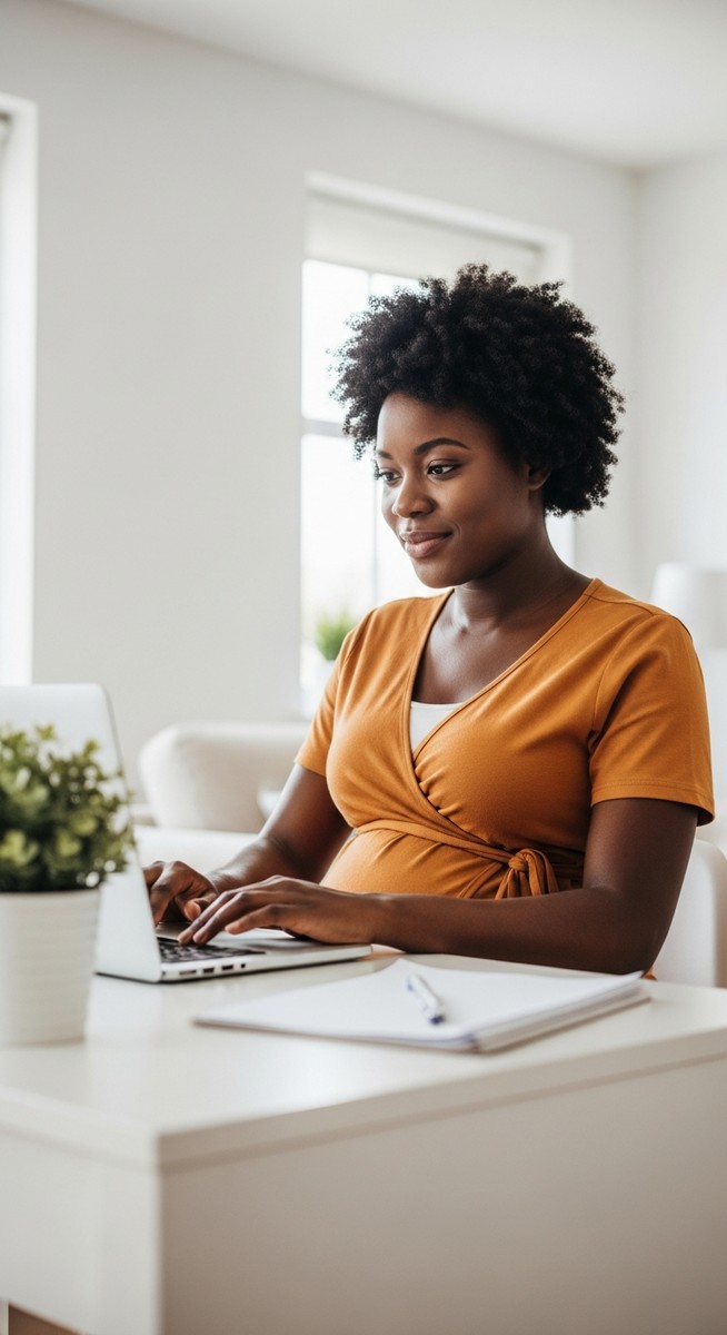 a pregnant woman working on a laptop at a bright home desk to work from home