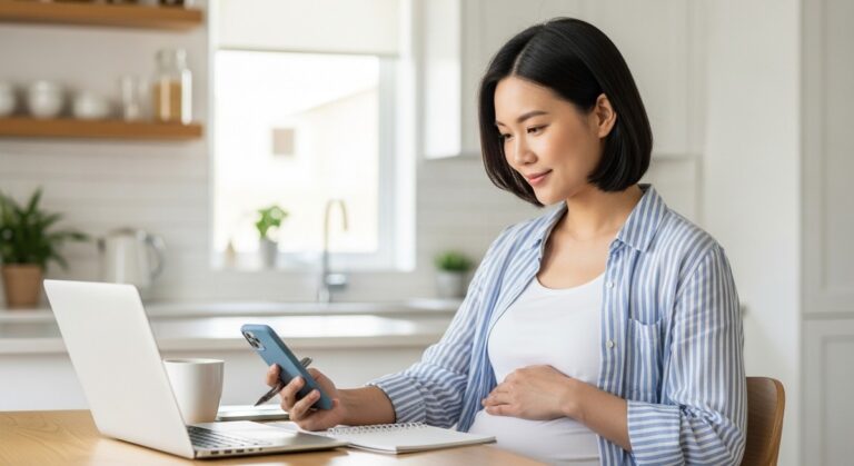 a pregnant woman planning a work from home schedule with a phone and notepad at a kitchen table to work from home