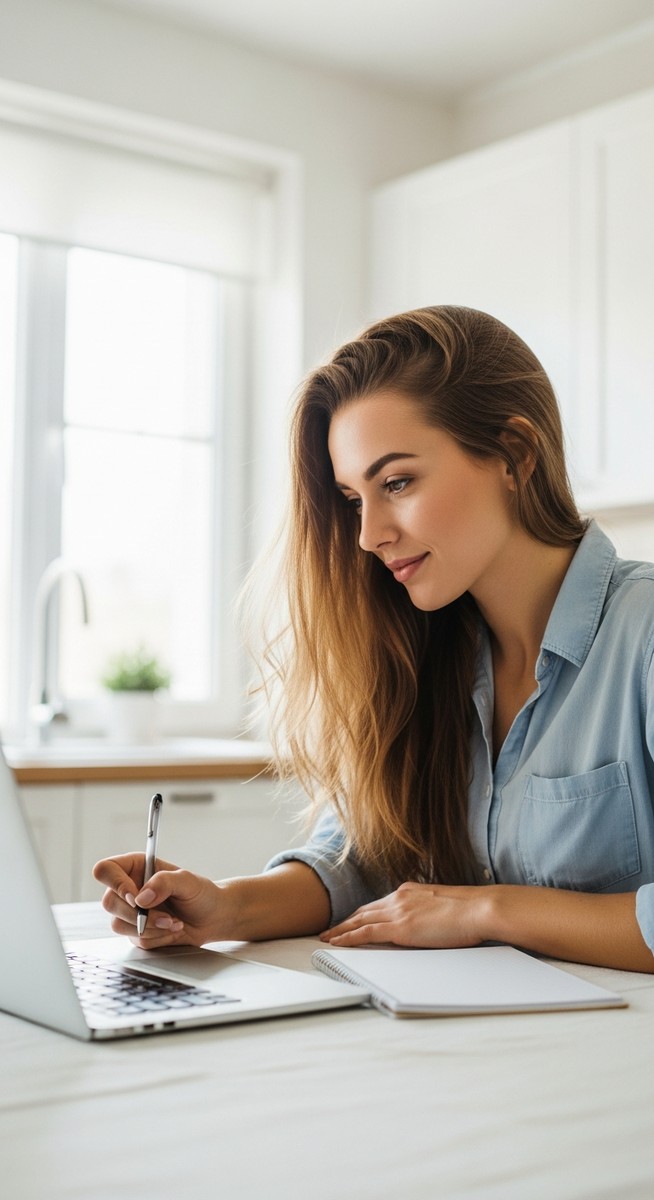 young woman taking notes next to her laptop at a kitchen table