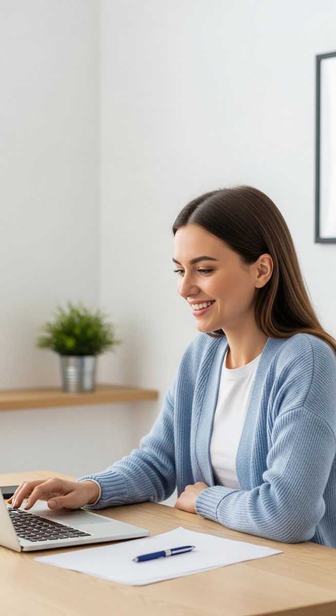 woman looking satisfied at her laptop screen at home
