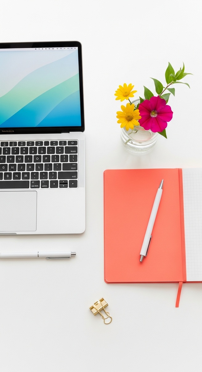 flatlay with laptop and other items on a white surface