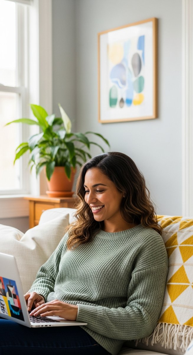 woman smiling while working on her laptop at home