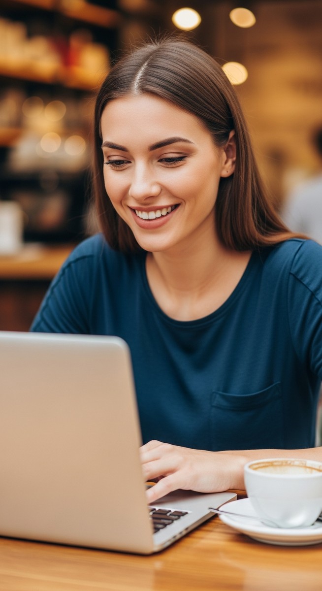 woman working happily on her laptop