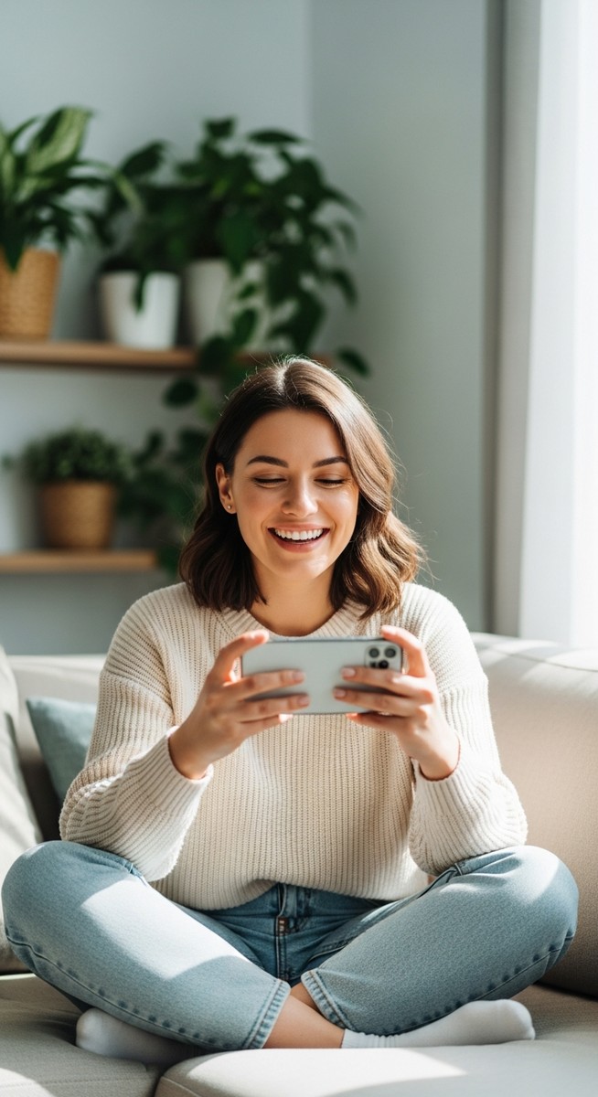 woman smiling at her phone in a bright living room