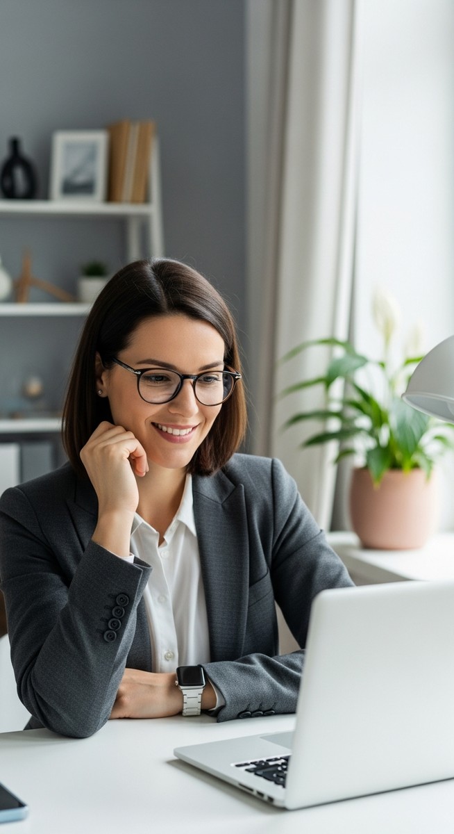 woman working confidently on her laptop at a bright home desk