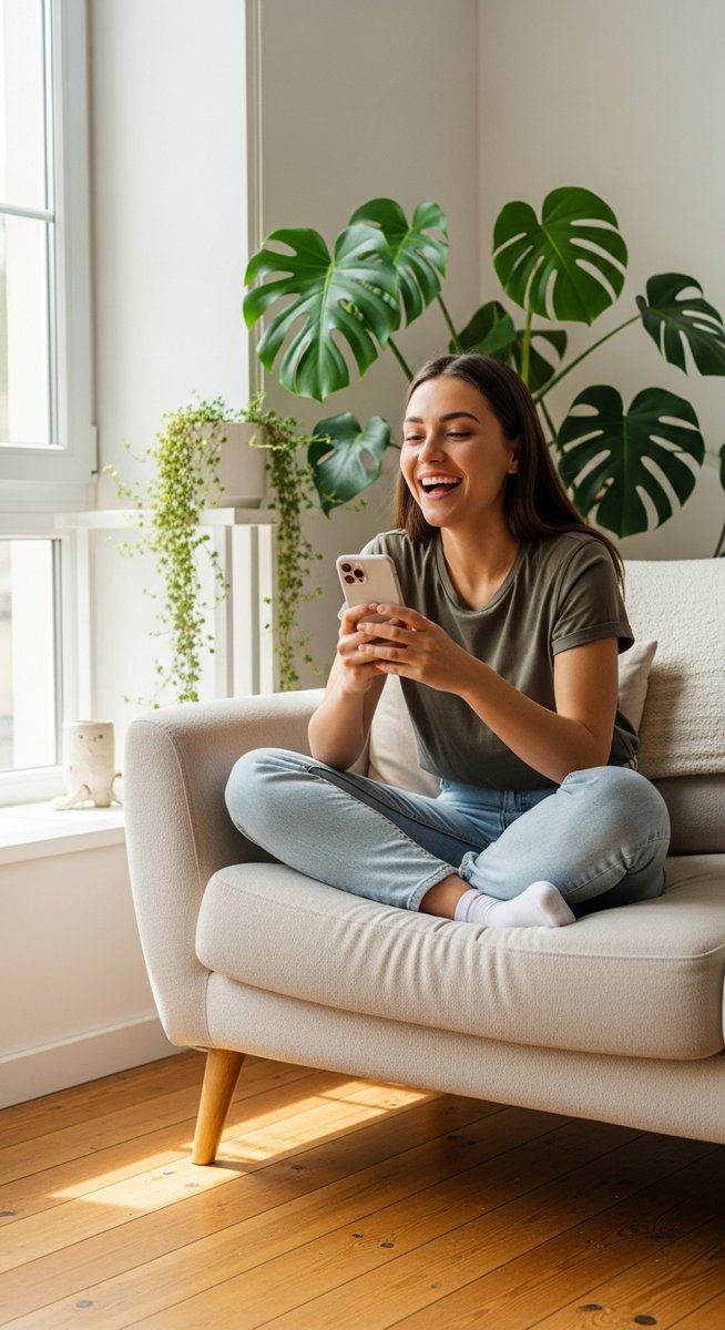 woman smiling at her phone in a bright living room
