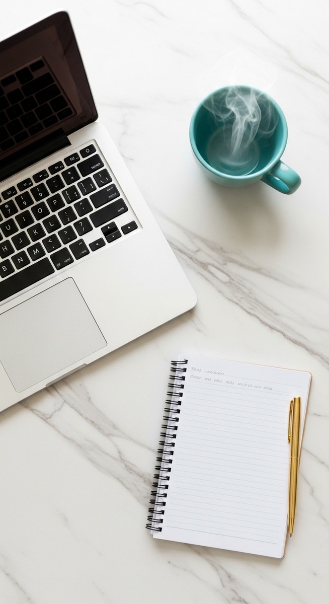 flatlay of a laptop and teal mug on a marble surface