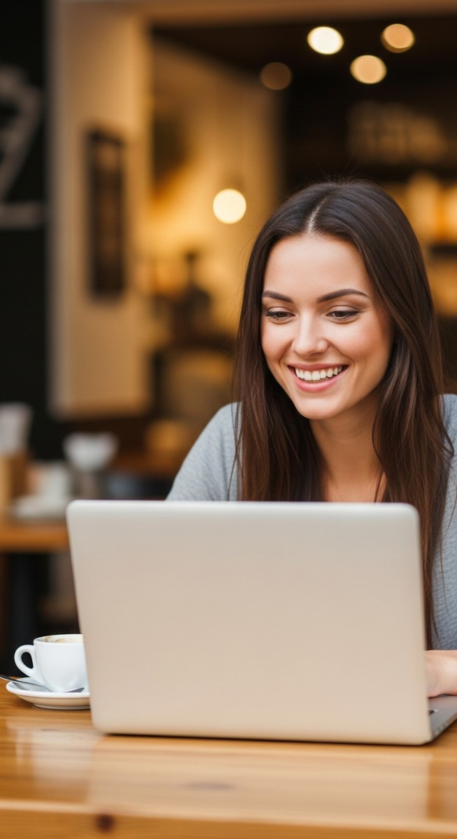 woman working happily on her laptop