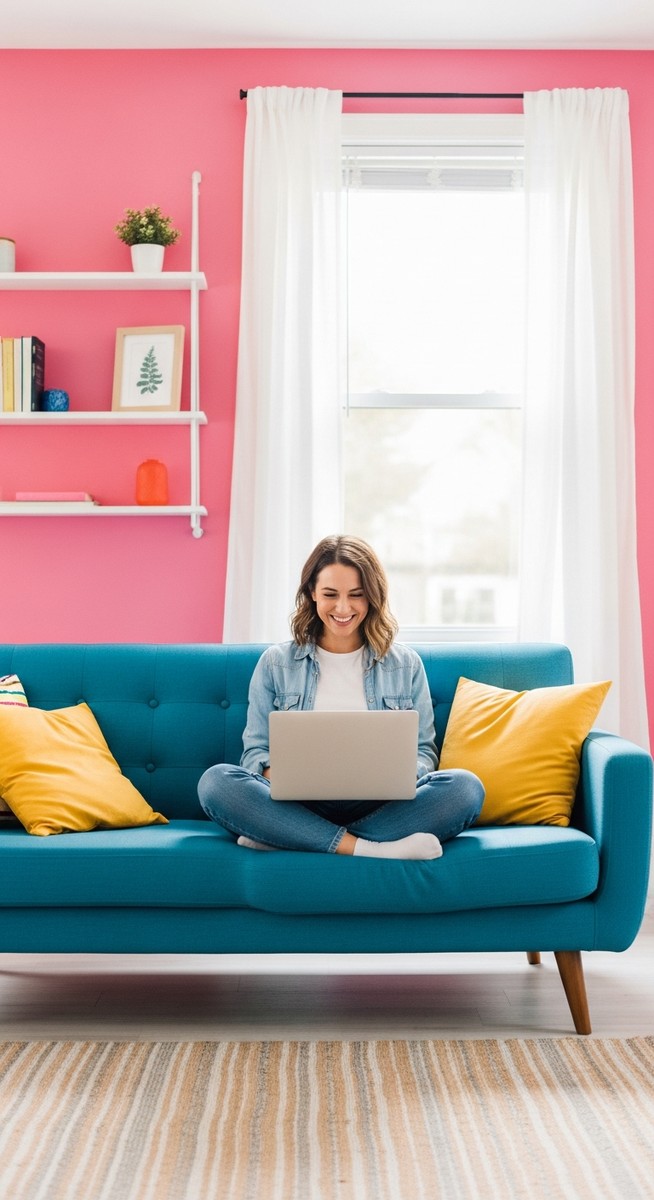woman smiling while working on her laptop at home