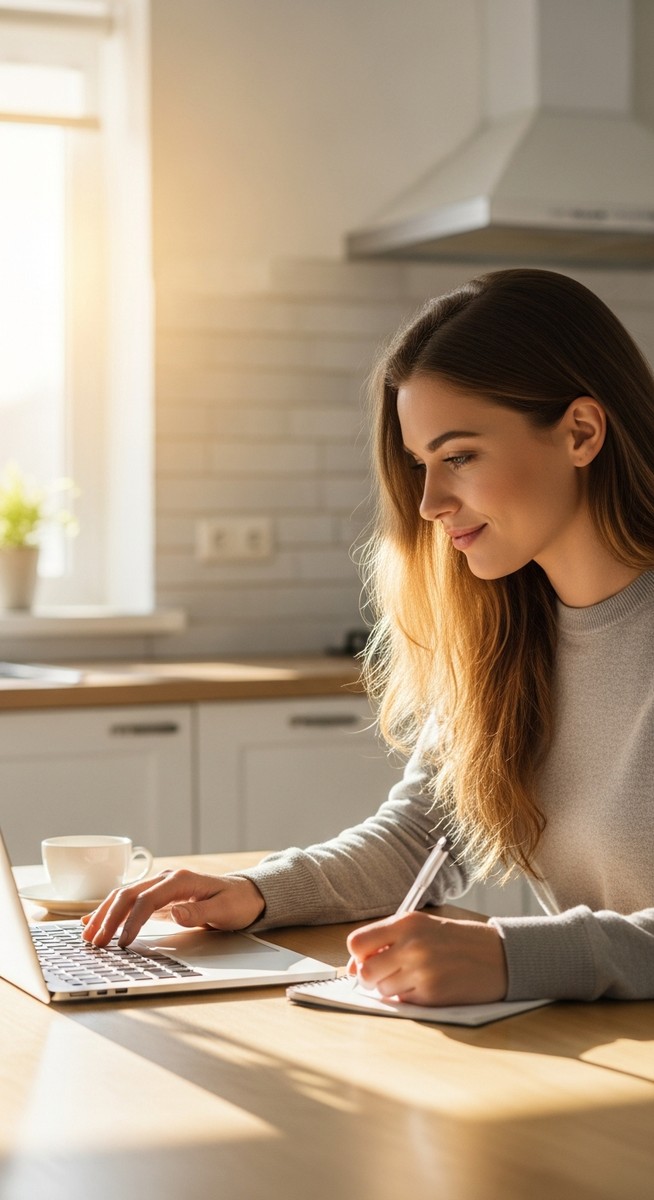 young woman taking notes next to her laptop at a kitchen table