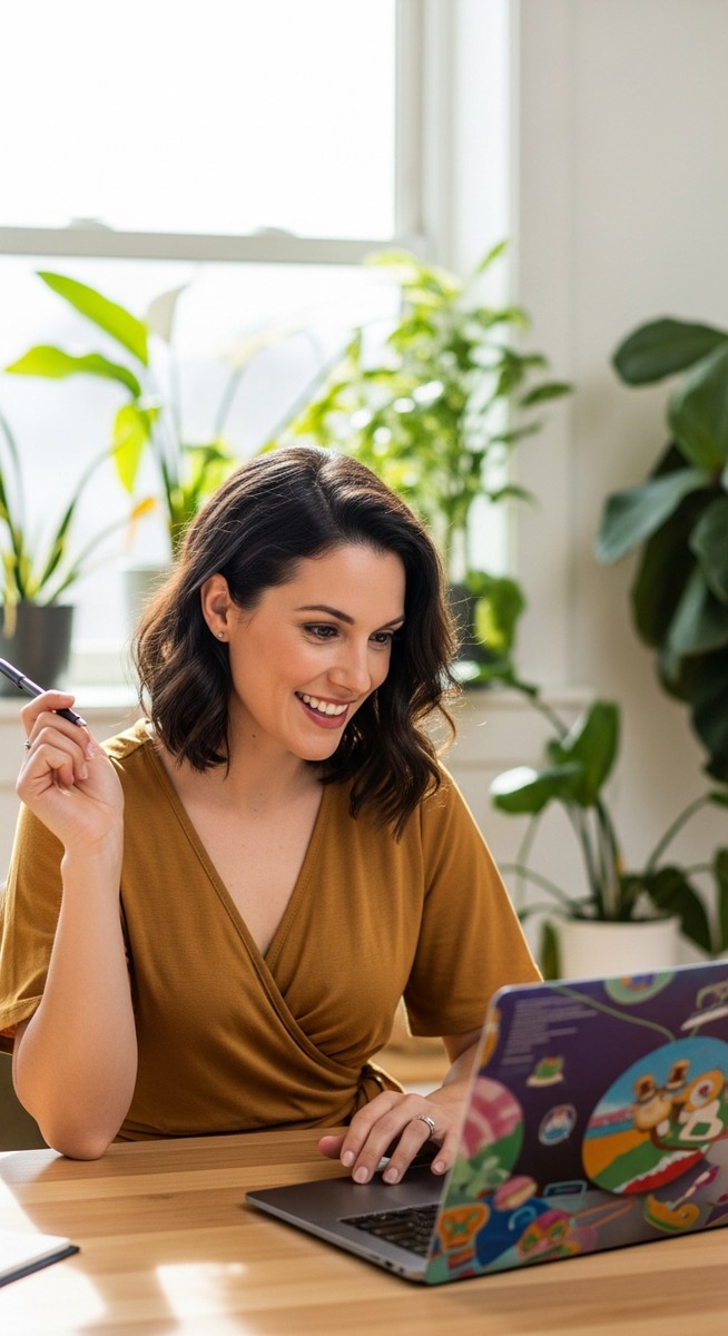woman smiling and thinking at her home office desk