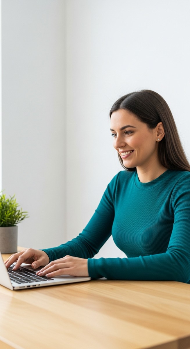 woman looking satisfied at her laptop screen at home