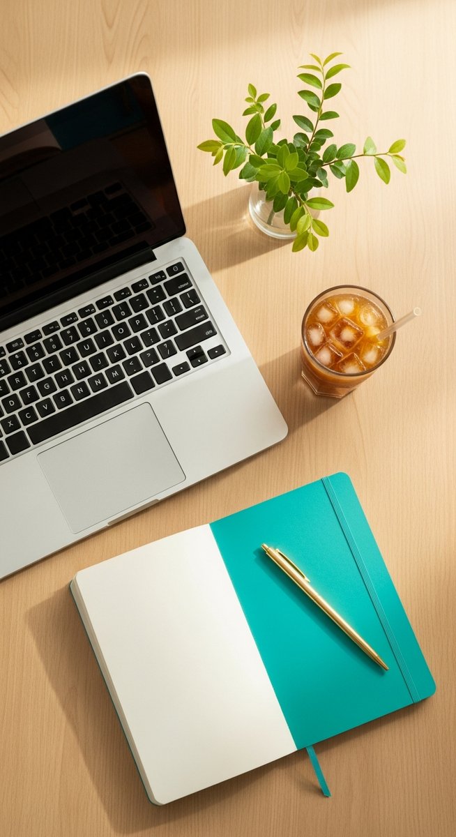 a flatlay of a laptop and teal notebook on a wooden desk for blogging