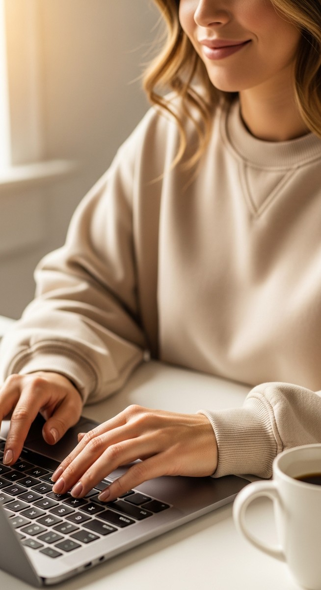 woman typing on a laptop at a bright clean desk