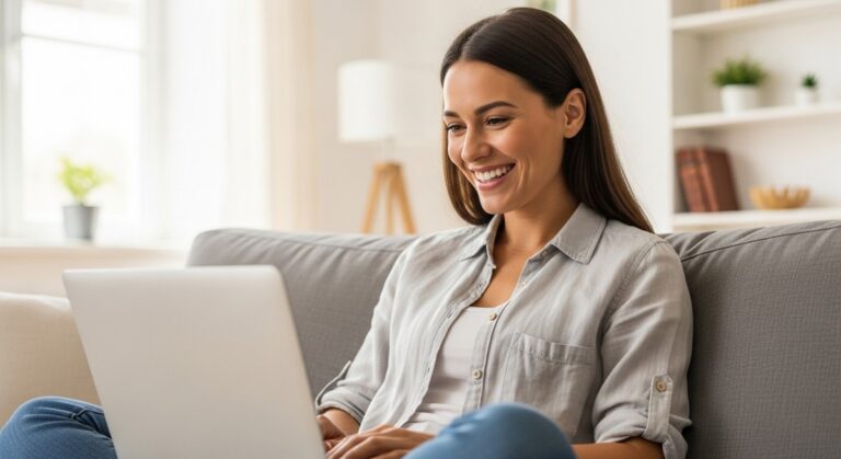 a woman smiling while working on her laptop at home for blogging