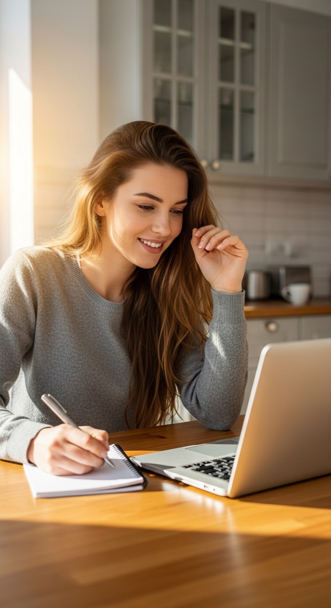 young woman taking notes next to her laptop at a kitchen table
