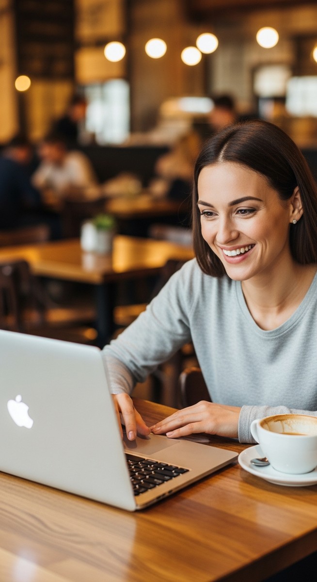 a woman working happily on her laptop for saving money