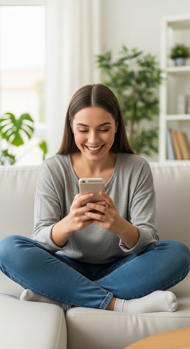 woman smiling at her phone in a bright living room