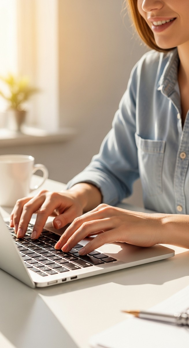a woman typing on a laptop at a bright clean desk for saving money