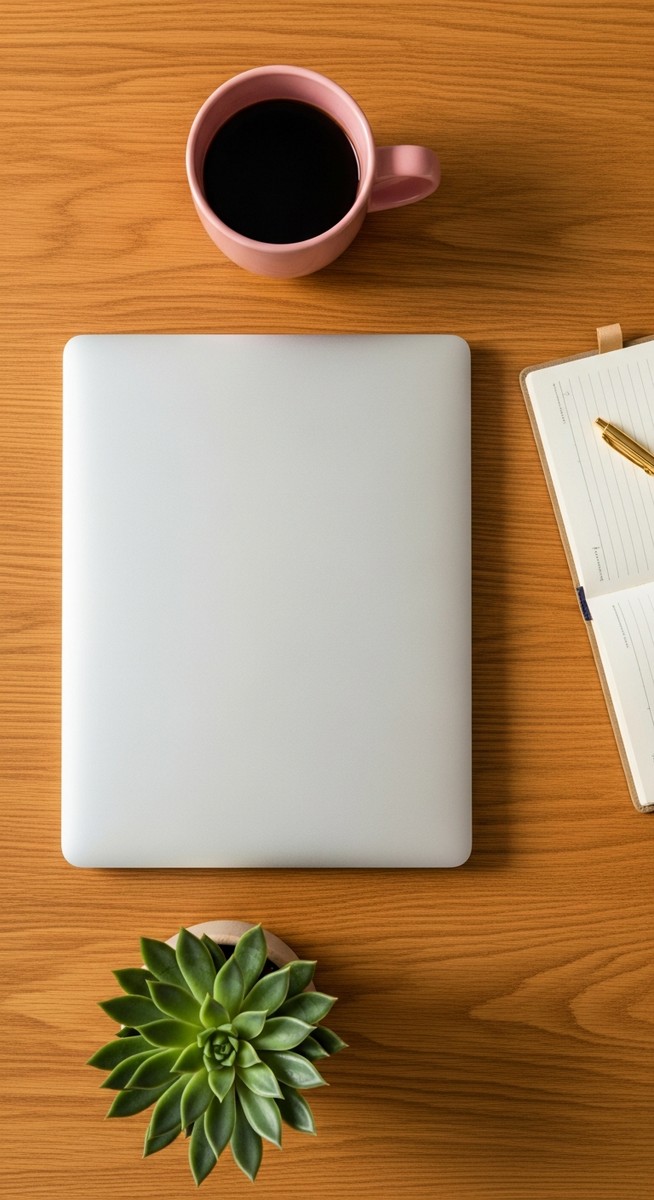 a flatlay of a planner, laptop, and succulent on a wooden surface for saving money