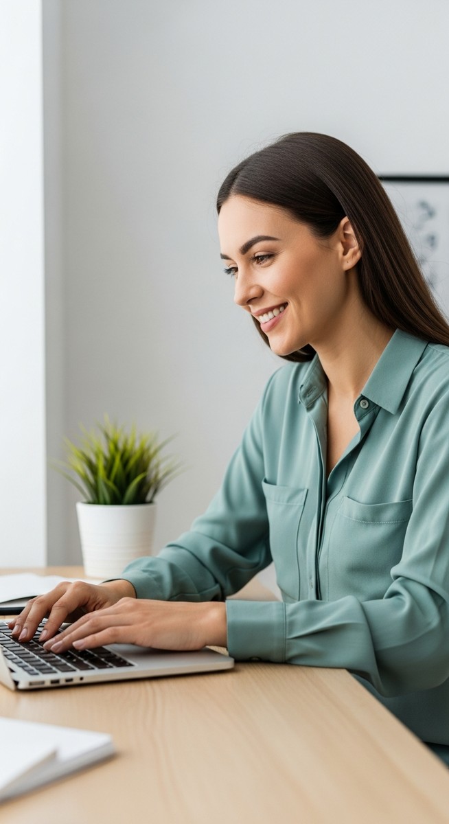 a woman looking satisfied at her laptop screen at home for saving money